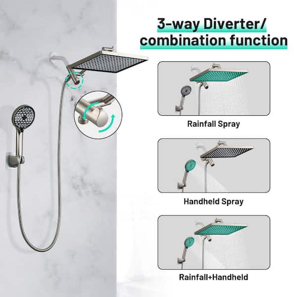 Rainfall Shower Head Combo 6-Spray 12 in. Wall Mount Dual Shower Heads and Handheld Head with 1.8 GPM in Brushed Nickel