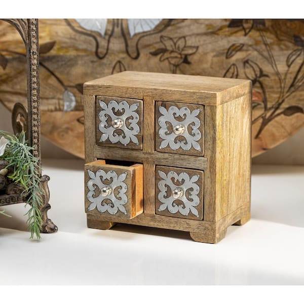 GG COLLECTION Brown Wood with Metal Inlay 4-Drawer Box