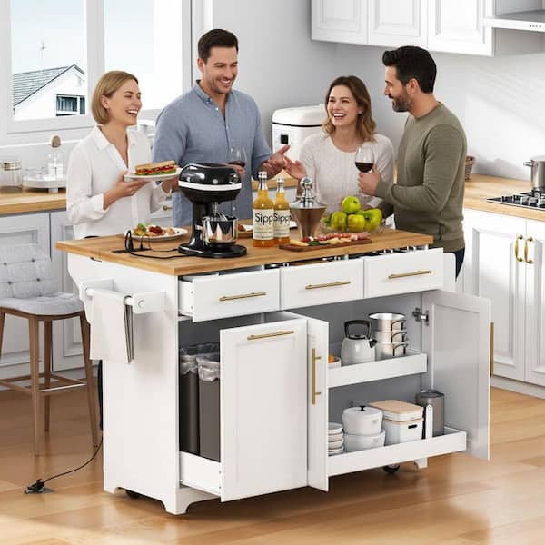 PDTEND White Rubber Wood 59.3 in. W Kitchen Island with Trash Can Storage, Power Outlet, Spice and Towel Rack for Kitchen