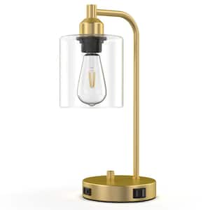 14 in. Industrial Gold Table Lamp with Glass Shade for Bedrooms Bedside Lamps with USB Port and Outlet (Bulb Included)