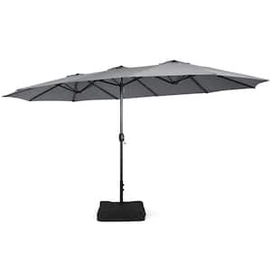 15 ft. Double-Sided Twin Metal Market Patio Umbrella with Crank and Base in Grey