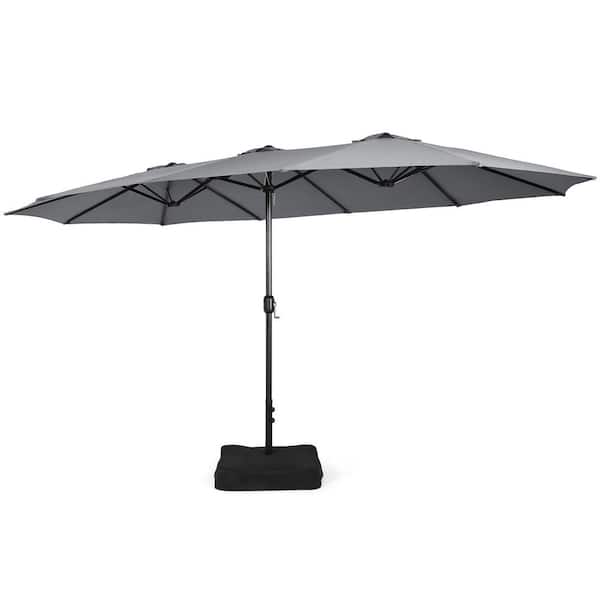 Costway 15 ft. Double-Sided Twin Metal Market Patio Umbrella with Crank and Base in Grey
