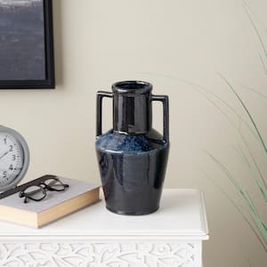 Dark Blue Ombre Textured Ceramic Decorative Vase with Rectangular Handles