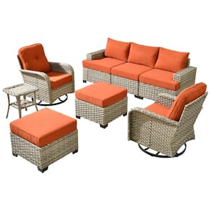 Scorpio 8-Piece Wicker Patio Conversation Seating Sofa Set with Orange Red Cushions and Swivel Rocking Chairs