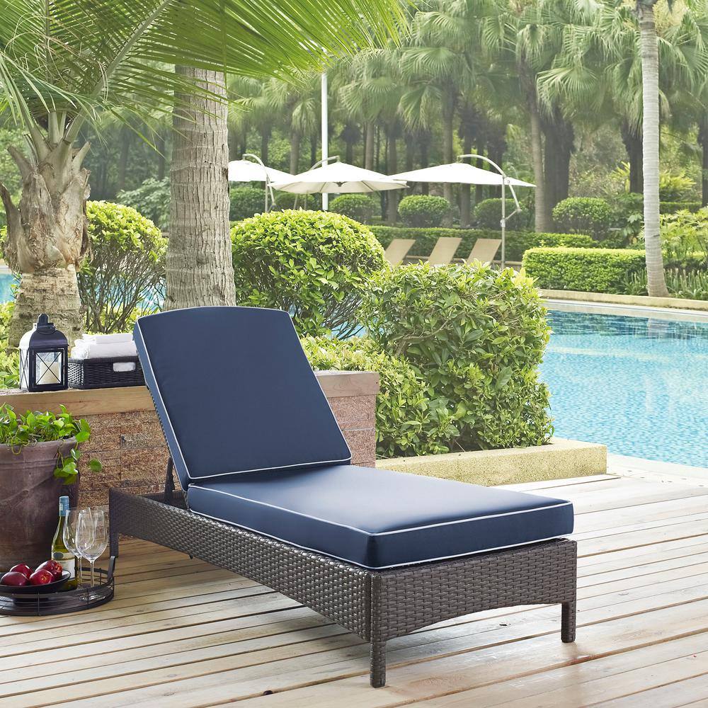 Palm Harbor Outdoor Wicker Chaise Lounge with Navy Cushions