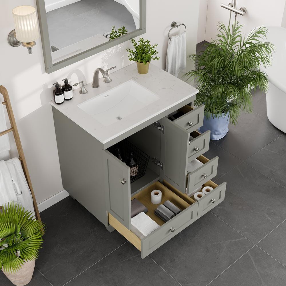 Gray 30" Freestanding Bathroom Vanity with White Quartz Top