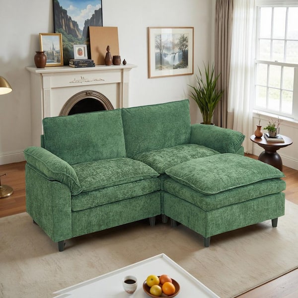 Chic 80 in. Green Chenille 2-Seater Loveseat Sofa Couch with Soft Pillowed Armrest and Ottoman for Living Room