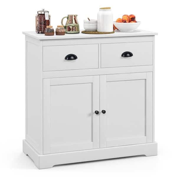 Costway White Wood 31.5 in. Kitchen Buffet Storage Cabinet with 2-Doors 2 Storage Drawers Anti-Toppling Design