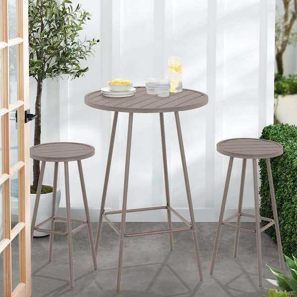 3-Piece Steel Patio Bar Height Round Outdoor Taupe Bistro Set w/ Backless Stools