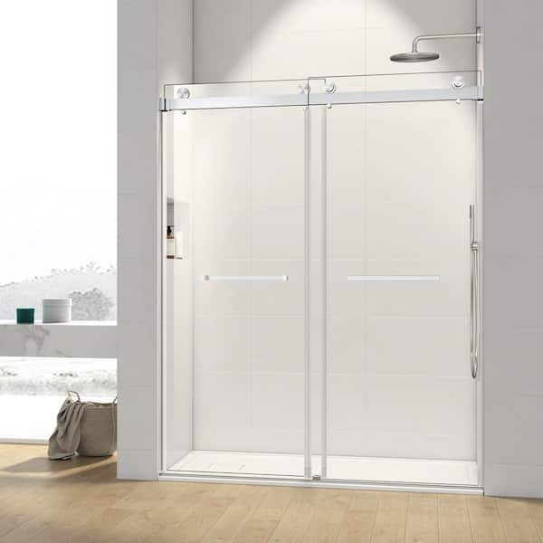 Satico 48 in. W x 76 in. H Double Sliding Frameless Shower Door/Enclosure in Brushed Nickel with Clear Glass