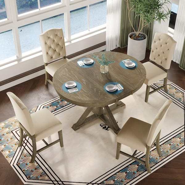 Retro Style 5-Piece Natural Extendable Wooden Dining Table Set with Butterfly Leaf, 4 Upholstered Chairs