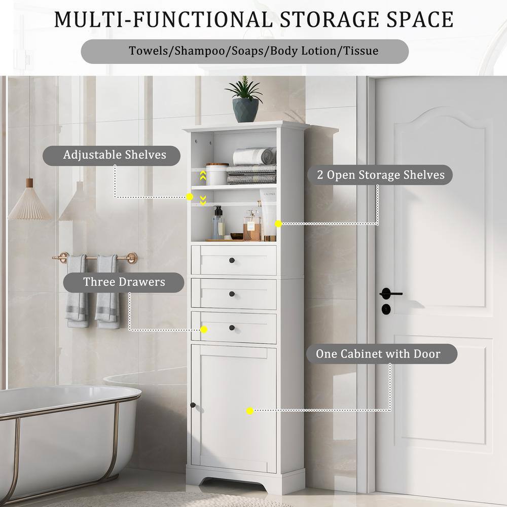 White Tall Bathroom Storage Cabinet with Adjustable Shelves and Drawers