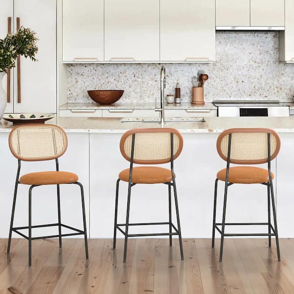 LUE BONA 24 in. Whiskey Brown Rattan Metal Frame Counter Height Bar Stools With Faux Leather Seat (set of 3)
