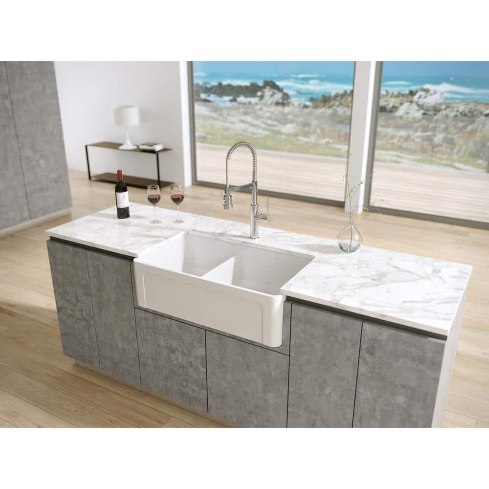 White Fireclay 33'' Double Bowl Farmhouse Sink