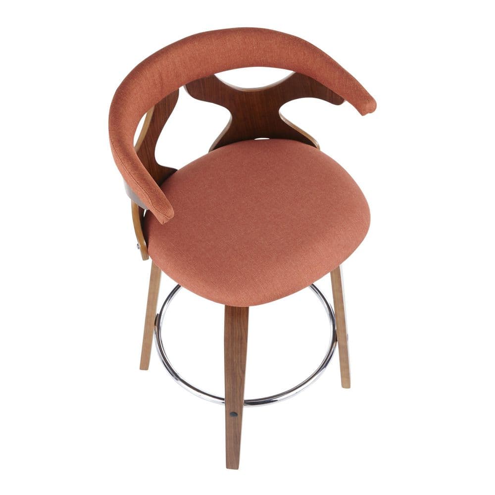 Walnut and Orange Swivel Counter Stool with Metal Frame