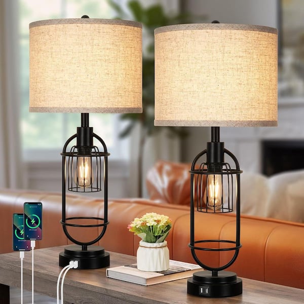 29 in. Table Lamps for Living Room with USB Ports, Black (Set of 2)