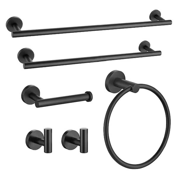 6-Piece Modern Bath Hardware Set with Towel Bar Towel Hook Toilet Paper Holder and Towel Ring Wall Mount in Matte Black