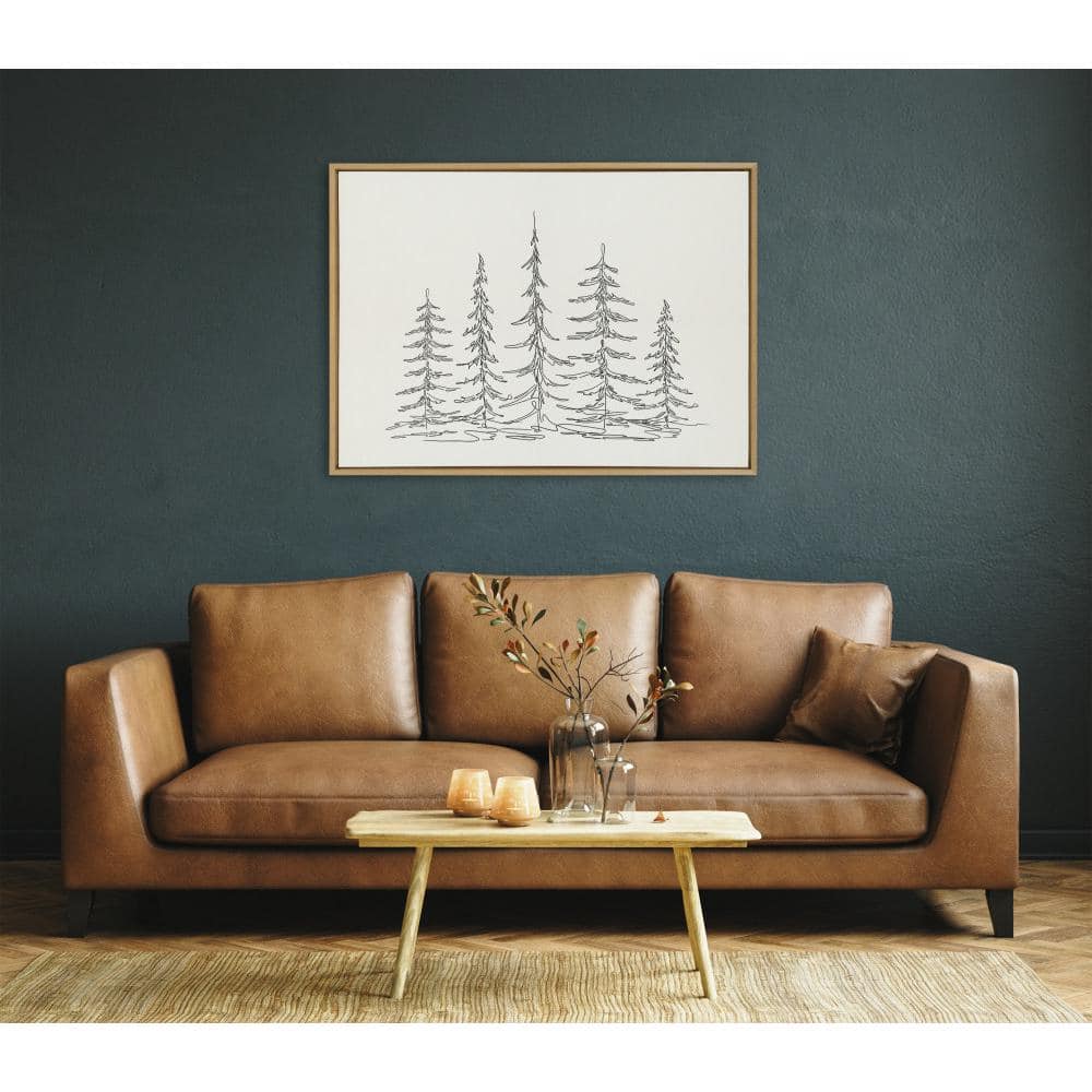 Minimalist Evergreen Trees Sketch Natural Framed Canvas Wall Art, 28x38
