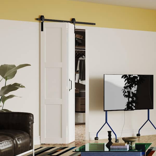 42 in. x 84 in. White, 3 Panel, Finished, Paneled MDF, Bi-Fold Style Sliding Barn Door with Hardware Kit