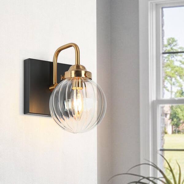 Zevni 4.5 in. 1-Light Black Bathroom Vanity Light, Globe Clear Glass Bath Lighting, Brass Gold Modern Wall Sconce