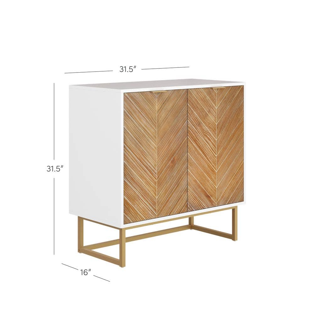White and Brown Herringbone Freestanding Accent Cabinet with Adjustable Shelving