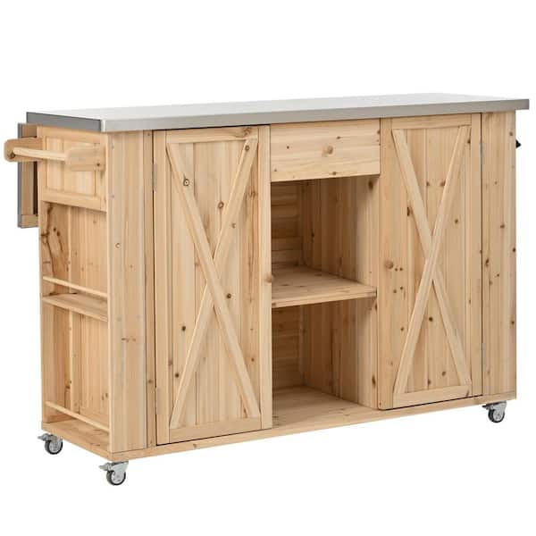 52.25 in. W x 28.75 in. D x 36.25 in. H Light Brown Wood Outdoor Storage Cabinet w/ Stainless Steel Top and Spice Racks