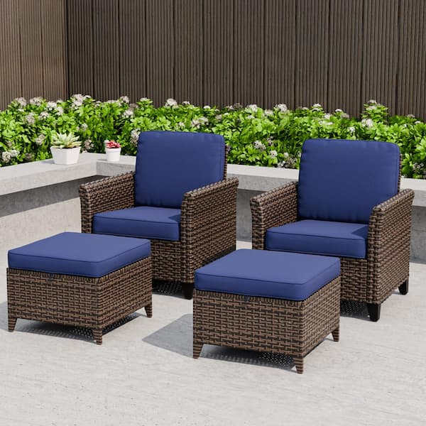 EAGLE PEAK 4-Piece Mix Brown Wicker Patio Conversation Set Wide Armrest Dining Chair Set with Blue Cushions, Ottomans