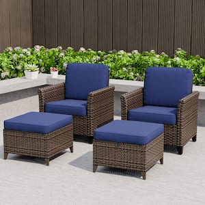 4-Piece Mix Brown Wicker Patio Conversation Set Wide Armrest Dining Chair Set with Blue Cushions, Ottomans