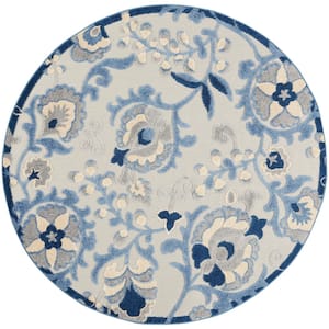 Aloha Blue/Gray 5 ft. Round Floral Contemporary Indoor/Outdoor Patio Area Rug