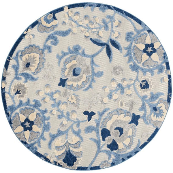 Nourison Aloha Blue/Gray 5 ft. Round Floral Contemporary Indoor/Outdoor Patio Area Rug