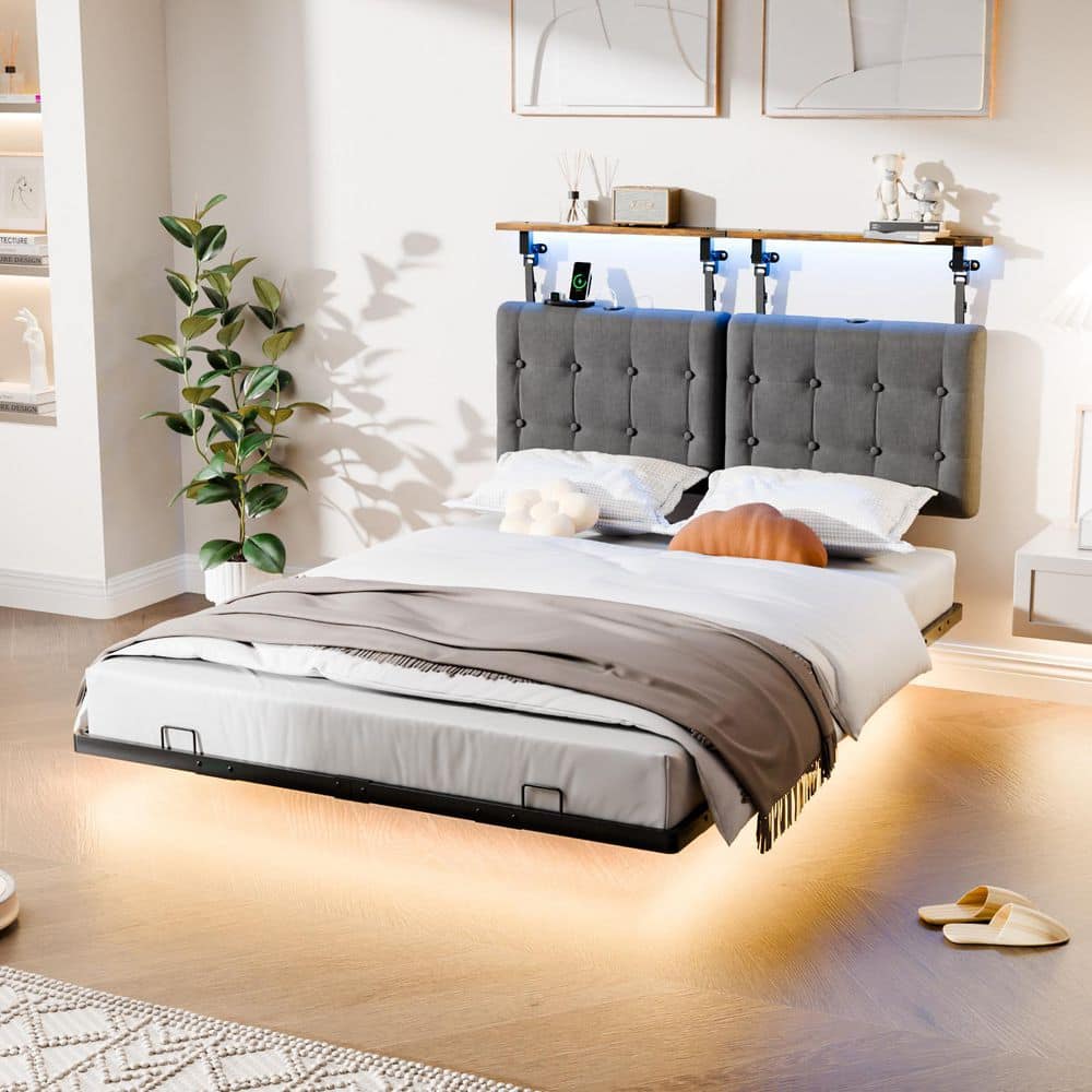 Karl home Gray Full Size Floating Metal Bed Frame with