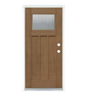 36 in. x 80 in. Medium Oak Left-Hand Inswing Water Wave Craftsman Stained Fiberglass Prehung Front Door