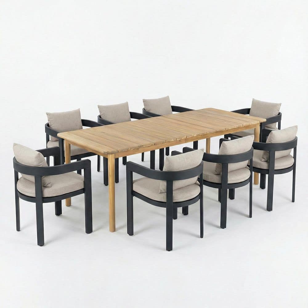 Yorvella 9-Piece Patio Dark Gray Aluminum and Oiled Teak Finish Solid Wood Outdoor Dining Set with Beige Cushions price history on PriceWatchPro