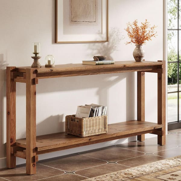 Turrella 63 in. Rustic Brown Rectangle Solid Wood Console Table with 2-Tier for Storage, Narrow Long Sofa Table