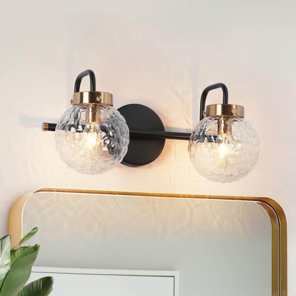 Astrid 15" Black and Gold Ripple Glass 2-Light Vanity Fixture