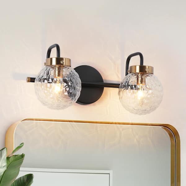 LNC ASTRID Modern 15 in. 2-Light Black Vanity Light Brass Wall Sconce with Textured Globe Glass Shades