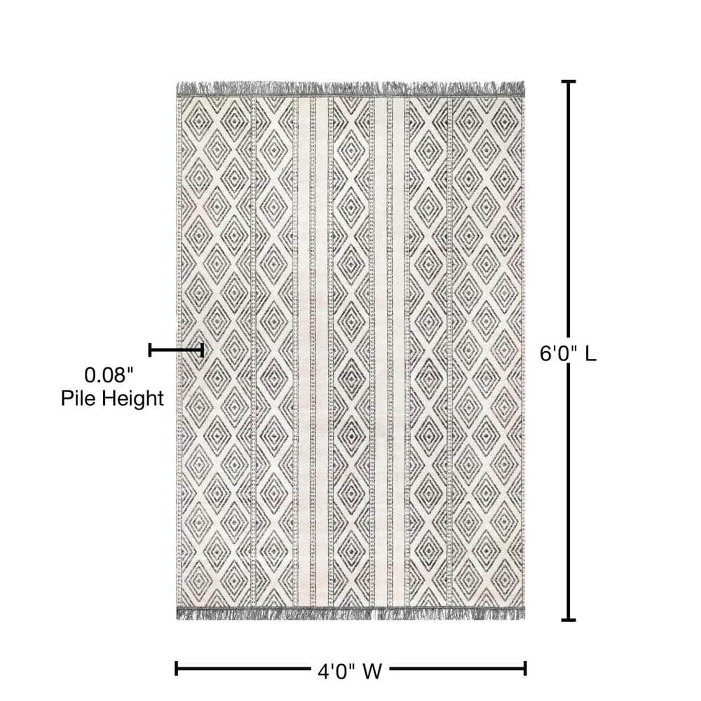 Gray and White Striped Synthetic 4' x 6' Reversible Area Rug