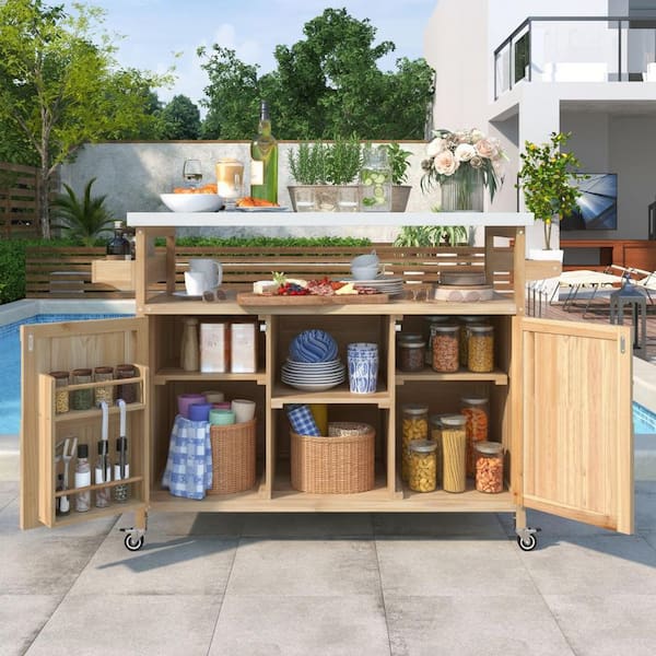 Farmhouse Natural Stainless Steel 50 in. Outdoor Patio Grill Table Bar Cart Kitchen Island with Internal Storage Rack