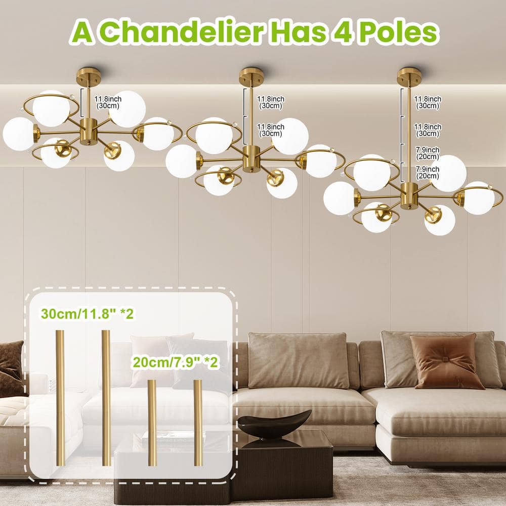 Gold Brass 6-Light Sputnik Chandelier with Milk Glass Shades