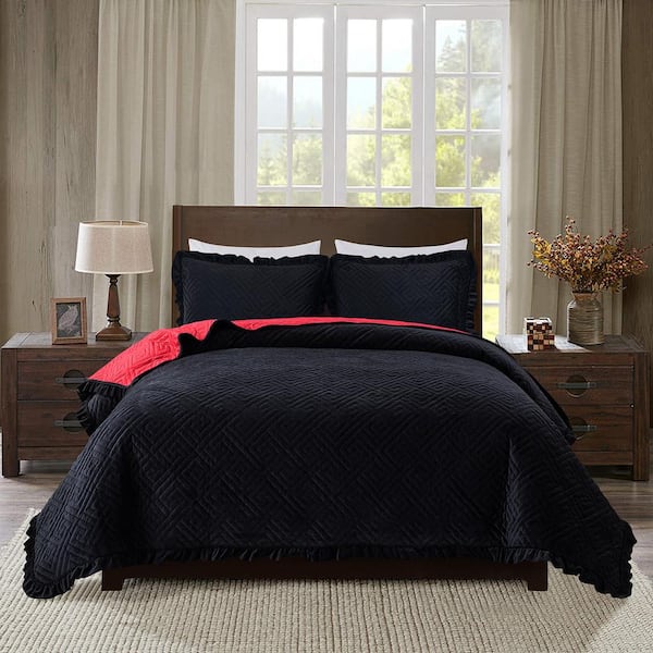 JML Black/Burgundy Reversible Queen Velvet Quilt Set