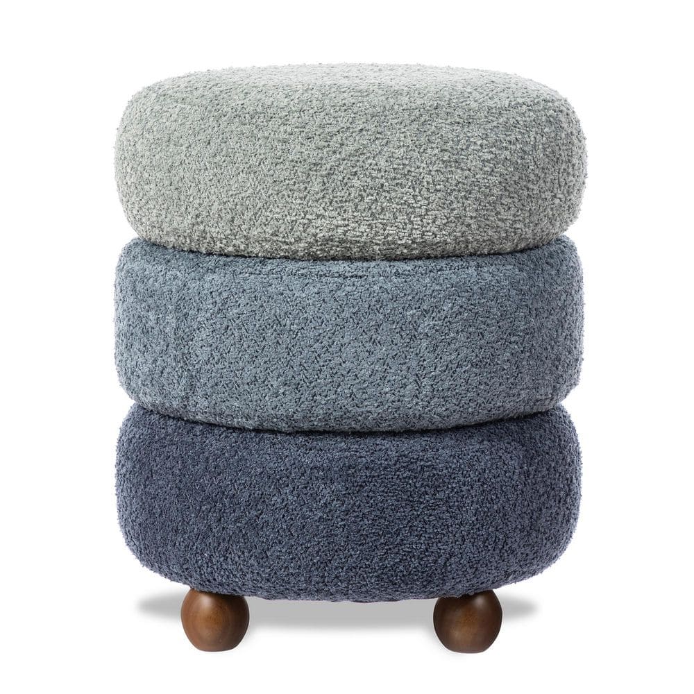 Modern Gradient Blue Upholstered Storage Ottoman or Accent Stool with Rubberwood Ball Feet