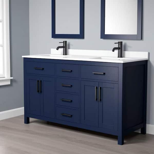 Beckett 60 in. W x 22 in. D x 35 in. H Double Sink Bathroom Vanity in Dark Blue with White Cultured Marble Top