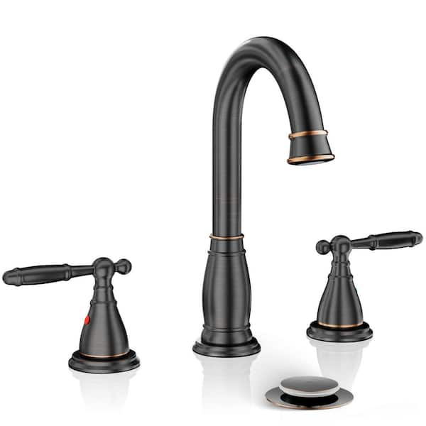 2-Handle 8 Inch 3 Hole Oil Rubbed Bronze Widespread Bathroom Faucets, with Valve and Metal Pop-Up Drain