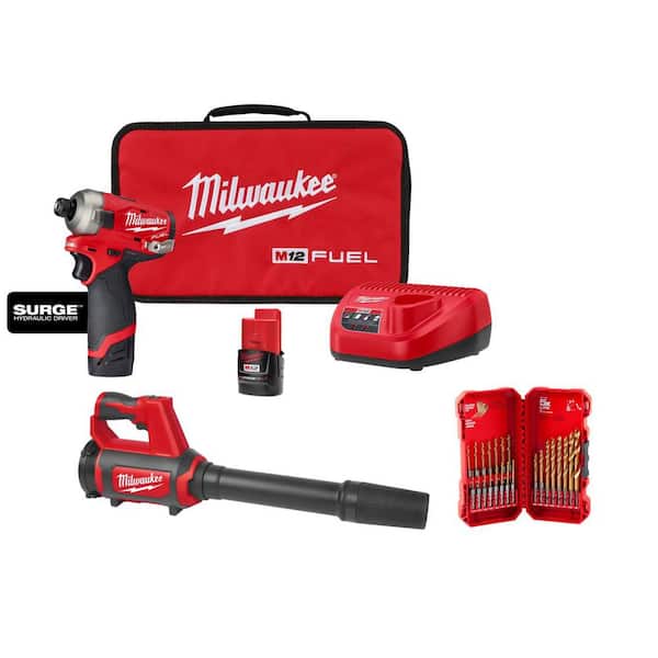 M12 FUEL SURGE 12V 1/4 in. Hex Impact Kit with M12 Compact Spot Blower with SHOCKWAVE 23-Pc Titanium Set
