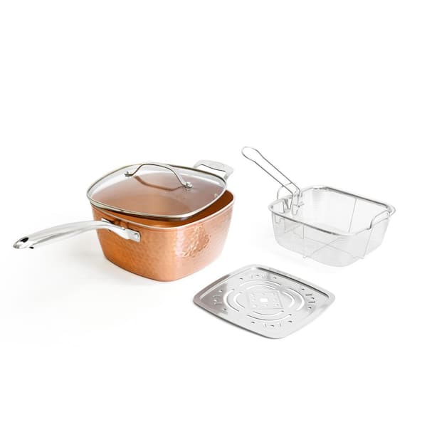 Gotham Steel Hammered Copper 9 .5 in. 4-Piece Aluminum Nonstick Deep Square Frying Pan with Lid