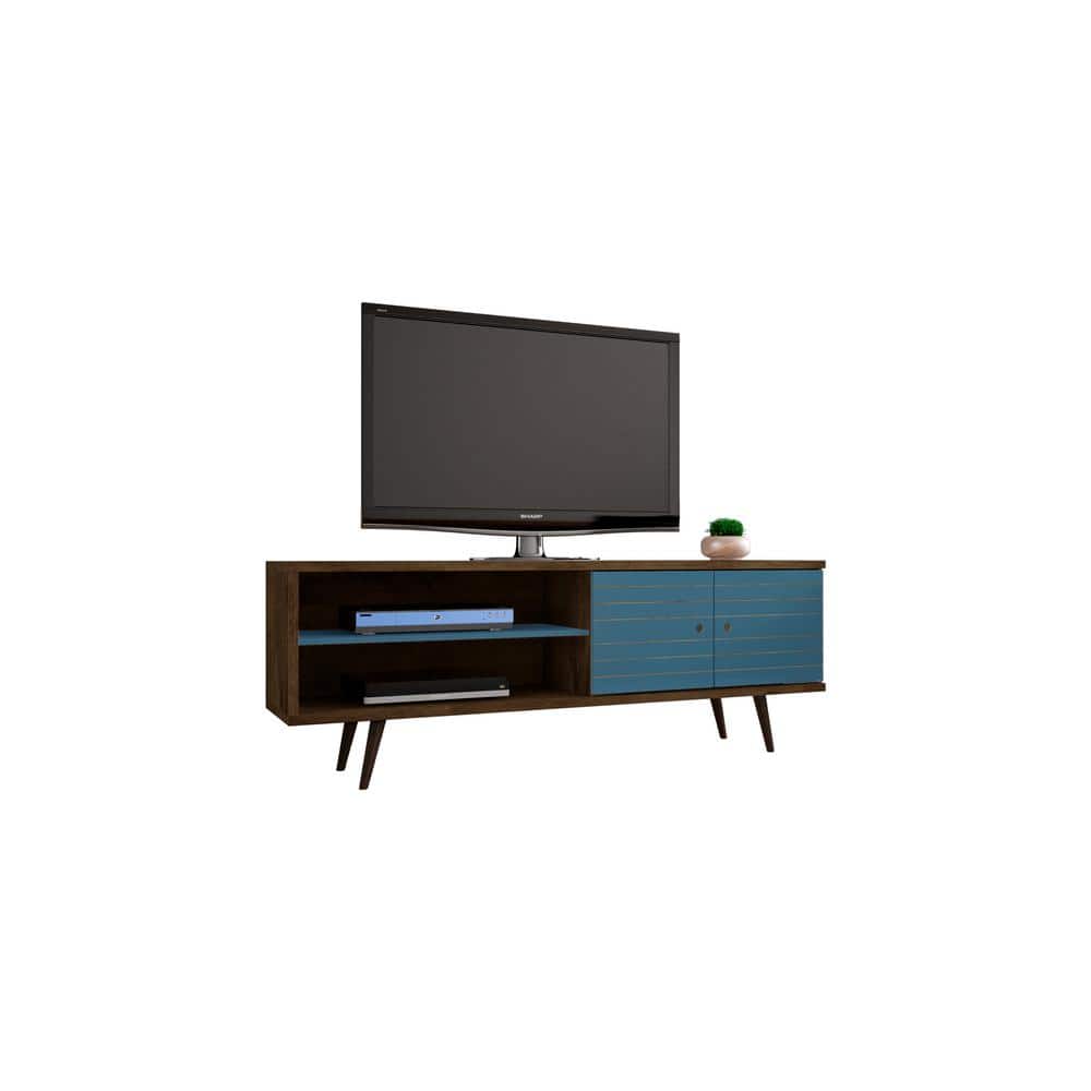 Rustic Brown and Aqua Blue 63" MDF TV Stand with Cabinet
