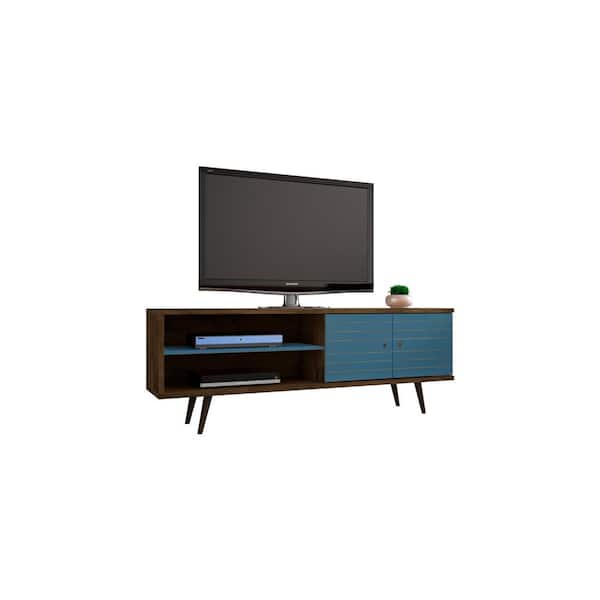 Liberty 62.99 in. Rustic Brown and Aqua Blue TV Stand Fits TVs Up to 60 in. with Storage Doors and Cable Management