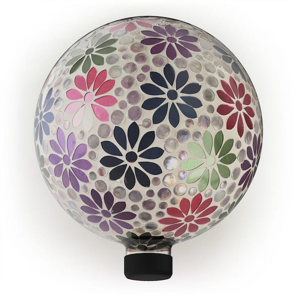 Alpine Corporation 10 in. Diameter Indoor/Outdoor Glass Mosaic Gazing Globe Yard Decoration, Colorful Daisy Design