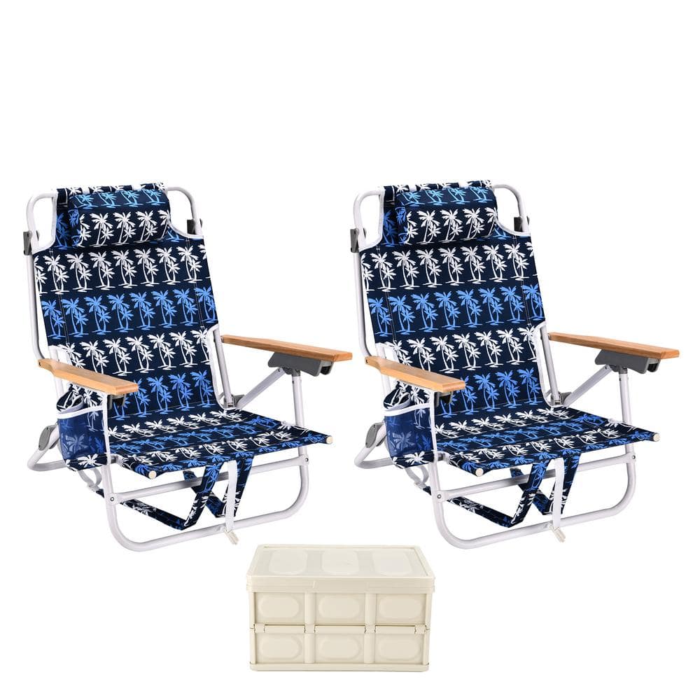 2-Pieces Black Print Aluminum Folding Beach Chair, Lightweight Backpack Bea