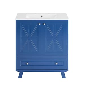 30 in. MDF Ready to Assembly Blue Standing Bathroom Vanity Cabinet with White Ceramic Sink and Double Doors,1 Drawer